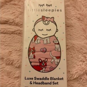 Little Sleepies Pink Dog Print Luxe Swaddle & Headband Set